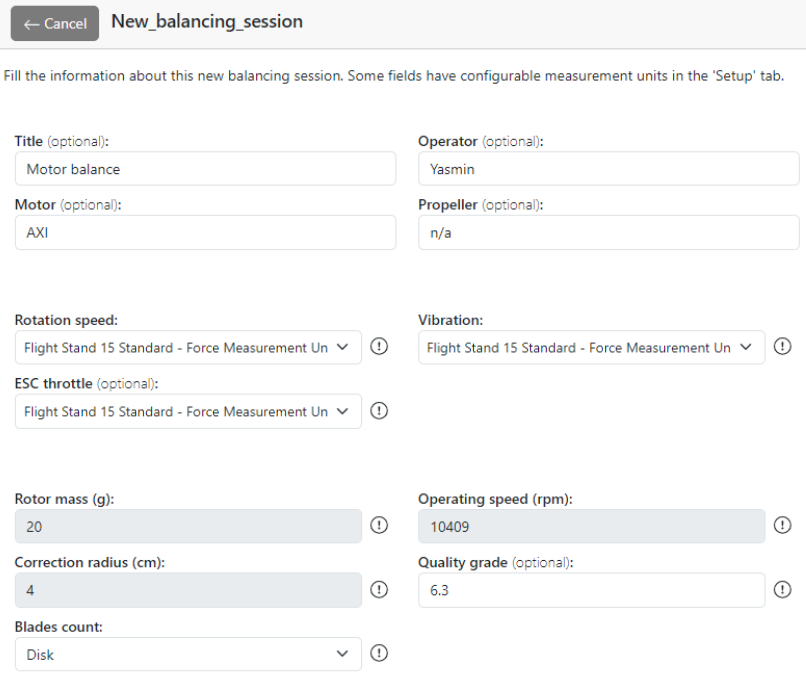 motor balancing software interface