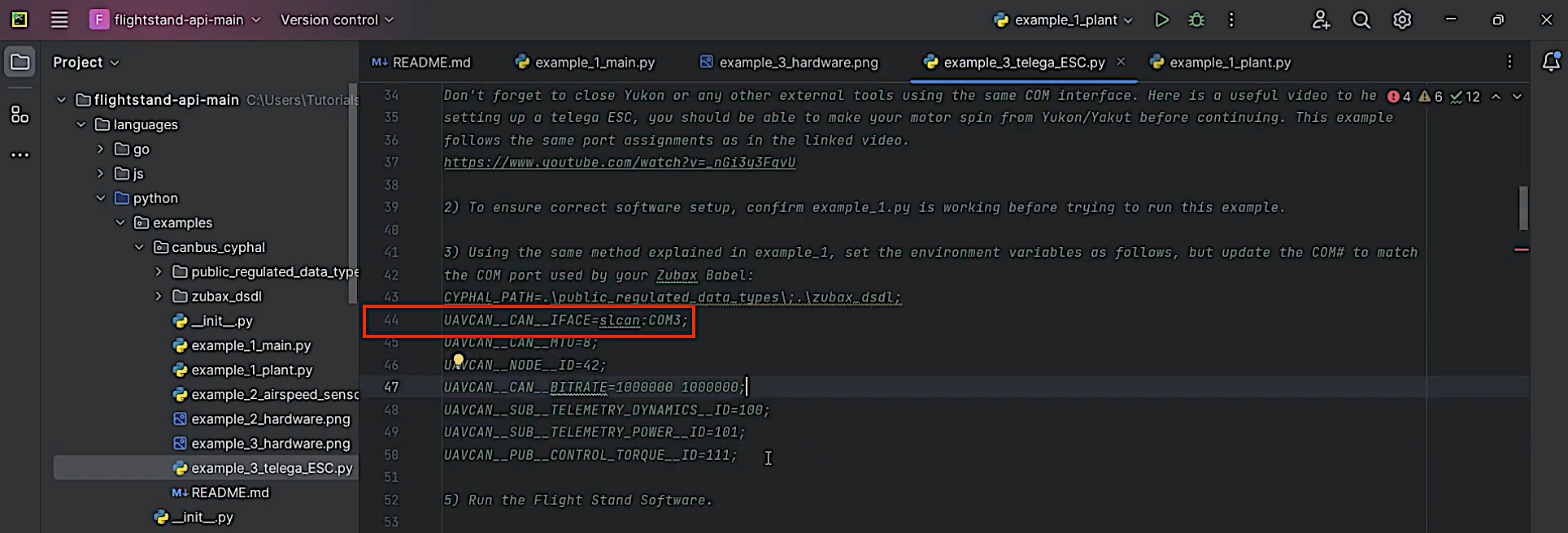 COM port connection CAN ESC setup