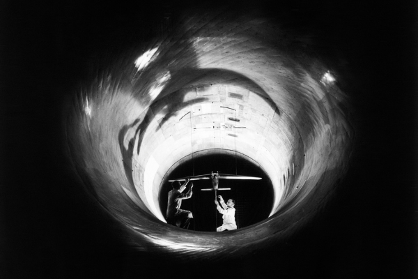 model plane in vintage wind tunnel
